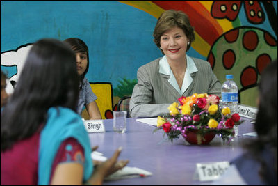 Laura Bush listens to a question during an informal group discussing during a visit to Prayas, a home for abused children in Tughlaqabad, New Delhi, India March 2, 2006.