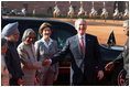 President George W. Bush shakes the hand of India's President A.P.J. Abdul Kalam as he and Mrs. Laura Bush are greeted upon their arrival at Rashtrapati Bhavan, the President's official residence in New Delhi Thursday, March 2, 2006. Also present are Prime Minister Manmohan Singh and his wife, Gusharan Kaur.