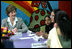 Mrs. Laura Bush listens to a question during an informal group discussion with teachers and students on her tour of Prayas, Thursday, March 2, 2006, in New Delhi, India.