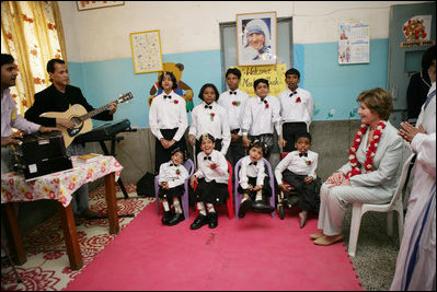 First Lady Laura Bush visits Mother Teresa's Jeevan Jyoti (Light of Life) Home for Disabled Children. New Delhi, India March 2, 2008.