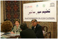 Mrs. Laura Bush attends a roundtable discussion during an Education Through Partnerships meeting with representatives from USAID, UNESCO & CRI at library at the U.S. Embassy , Saturday, March 4, 2006 in Islamabad, Pakistan.