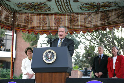 President George W. Bush, with Mrs. Laura Bush, thanks U.S. Embassy staff and family for their welcome and hospitality, Saturday, March 4, 2006 in Islamabad, Pakistan.