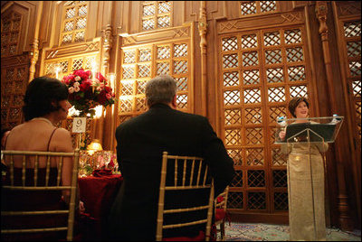 Mrs. Laura Bush addresses guests, Tuesday evening, March 8, 2006 at the at "Bridges of Hope: Educating Children for a Better Future," The Kuwait-America Foundation's 2006 Benefit Dinner in Washington, where Mrs. Bush was honored for her dedication to help improve the living conditions and education of children around the world.