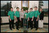 Mrs. Laura Bush welcomes the 2006 National Science Bowl Champions from State College, Pa., to the White House, Monday, May 1, 2006. From left to right are students Barry Liu, Jason Ma, Ylaine Gerardin, Galen Lynch, Francois Greet and their team coach Julie Gittings. The National Science Bowl, the nationís largest science competition, is co-sponsored by the U.S. Department of Energy.