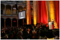 Mrs. Laura Bush addresses the guests at the Mosaic Foundation dinner in the National Building Museum in Washington, D.C., Wednesday, May 9, 2006. Founded by the spouses of Arab Ambassadors to the United States, the Mosaic Foundation is dedicated to improving the lives of women and children.