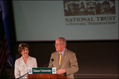 Mrs. Laura Bush listens to Richard Moe, President of the National Trust for Historic Preservation, Wednesday, May 31, 2006. Mr. Moe introduced Mrs. Bush during a historic preservation summit at Tulane University in New Orleans.