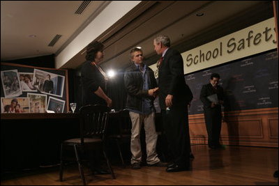 President Bush, Laura Bush: Panel on School Safety at the National 4-H Conference Center in Chevy Chase, Maryland. Participants include: Attorney General Al Gonzales, Department of Justice; Secretary Margaret Spellings, Department of Education; Panelists: Craig Scott, Former Student, Columbine High School; Fred Wegener, Sherriff, Park County, CO; Patrick "Pat" Weil, Principal, Valparaiso High School; Dr. Marleen Wong, Director of Crisis Counseling and Intervention Services, Los Angeles Unified School District, and Director of the Trauma Services Adaptation Center for Schools and Communities.