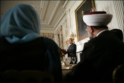 President George W. Bush addresses the Iftaar Dinner with Ambassadors and Muslim leaders in the State Dining Room of the White House, Monday, Oct. 16, 2006.