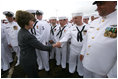 Mrs. Laura Bush shakes hands with sailors of the USS Texas submarine Saturday, September 9, 2006, prior to touring the ship and participating in a Commissioning Ceremony in Galveston, Texas.