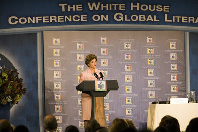 Mrs. Laura Bush delivers opening remarks Monday, Sept. 18, 2006, during the White House Conference on Global Literacy, held at the New York Public Library. The program underscores the need for sustained global and country level leadership in promoting literacy.