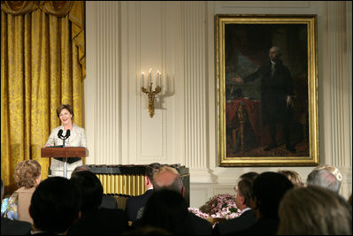 Mrs. Laura Bush addresses guests during the announcement of the President's Global Cultural Initiative in the East Room Monday, Sept. 25, 2006. "And one of the best ways we can deepen our friendships with the people of all countries is for us to better understand each other's cultures, by enjoying each other's literature, music, films and visual arts," said Mrs. Bush in her remarks.