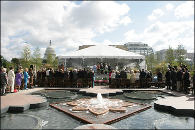 Mrs. Laura Bush participates in a ceremony to celebrate the completion of the National Garden Friday, September 29, 2006, at the United States Botanic Garden in Washington, D.C. Major features of the National Garden will be the Rose Garden, the Butterfly Garden, the Lawn Terrace, the First Ladies' Water Garden, the Regional Garden, and an outdoor amphitheater. The Water Garden honors the First Ladies of the United States by recognizing their notable service to our country.