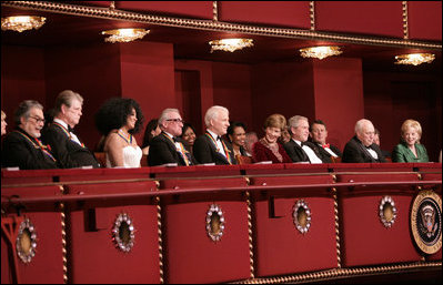 President George W. Bush and Mrs. Laura Bush attend the Kennedy Center Honors Gala at the John F. Kennedy Center for the Performing Arts in Washington, D.C., Sunday evening, Dec. 2, 2007. Joining the first couple are Vice President Dick Cheney and Mrs. Lynne Cheney, right, and the Kennedy Center honorees. From left are Leon Fleischer, Brian Wilson, Diana Ross, Martin Scorsese and Steve Martin.