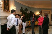 Mrs. Laura Bush talks with recipients of the 2007 Corps Member of the Year Award at the White House on Monday, Feb. 12, 2007. As part of the Helping America's Youth Initiative, The Corp Network engages disadvantaged youth in education, career preparation and life skill development and honors youth who become involved in their communities, overcome adversity, and become role models for America's young people. 