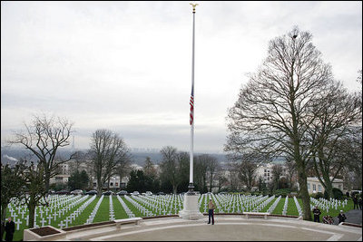 The Suresnes American Cemetery is located near Paris where Mrs. Laura Bush visited the Memorial Chapel and participated in a wreath-laying ceremony Tuesday, Jan. 16, 2007. The cemetery is the resting place for American troops who died while serving in World War I and World War II.