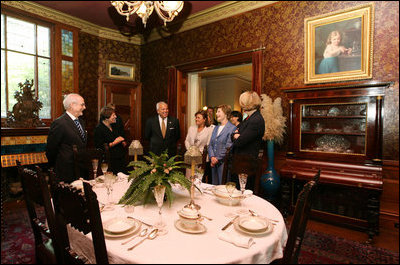 Mrs. Laura Bush tours the Mark Twain House in Hartford, Conn., Tuesday, July 24, 2007, joined by U.S. Sec. of Education Margaret Spellings, Lt. Gov. Mike Fedele, and his wife, Carol, along with the executive director of the Mark Twain house, Debra Petke; Save Americas Treasures Director Bobbie Greene McCarthy and Dr. Bruce Cole, chairman of the National Endowment for the Humanities.