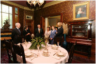 Mrs. Laura Bush tours the Mark Twain House in Hartford, Conn., Tuesday, July 24, 2007, joined by U.S. Sec. of Education Margaret Spellings, Lt. Gov. Mike Fedele, and his wife, Carol, along with the executive director of the Mark Twain house, Debra Petke; Save Americas Treasures Director Bobbie Greene McCarthy and Dr. Bruce Cole, chairman of the National Endowment for the Humanities.