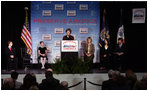 Mrs. Laura Bush addresses her remarks at the 2007 Preserve America National History Teacher of the Year Award at the Museum of the City of New York, Friday, Nov.16, 2007 in New York, where Mrs. Bush honored fifth grade history teacher Maureen Festi, who teaches at Stafford Elementary School in Stafford, Conn., with the award. 