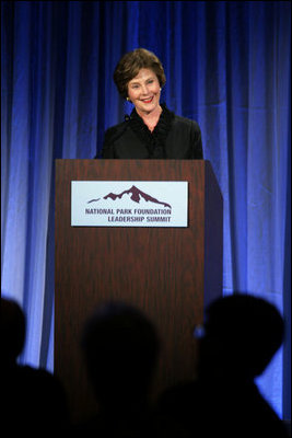 Mrs. Laura Bush addresses the National Park Foundation's Leadership Summit on Partnership and Philanthropy Inaugural Founders Award Dinner Monday, Oct. 15, 2007, in Austin, Texas. "Lady Bird Johnson wanted every American to experience the magic of our national parks. She made park preservation a priority of her husband's administration," said Mrs. Bush. "She championed the National Historic Preservation Act, which President Johnson signed 41 years ago today. The Act launched the first coordinated federal effort to safeguard our country's heritage, and has led to four decades of terrific preservation work throughout the United States." 