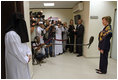 Mrs. Laura Bush addresses the press after touring the Abdullatif Cancer Screening Center Tuesday, Oct. 23, 2007, in Riyadh. Said Mrs. Bush, "This is a great model for other parts of Saudi Arabia. Because of regular screenings, people can discover a cancer early before it's in such an advanced stage that it's hard to cure."