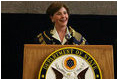 Mrs. Laura Bush addresses U.S. embassy staff Tuesday, Oct. 23, 2007, during her visit to Riyadh, Saudia Arabia.