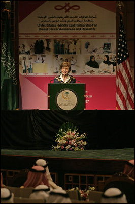 Mrs. Laura Bush speaks during the launching of the U.S.-Saudi Arabia Partnership for Breast Cancer Awareness and Research at King Fahd Medical City Tuesday, Oct. 23, 2007, in Riyadh, Saudi Arabia. Mrs. Bush told her audience, "Over the next quarter-century, an estimated 25 million women around the world will be diagnosed with breast cancer. Breast cancer does not respect national boundaries, which is why people from every country must share their knowledge, resources and experiences to protect women from this disease." 