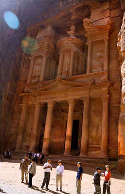 Mrs. Laura Bush tours the Treasury at Petra, a biblical city carved into stone, in southern Jordan Friday, Oct. 26, 2007. It is a UNESCO World Heritage Site and designated as one of the Seven New Wonders of the World in July 2007. A regional trading center, Petra prospered from the first century BCE until the first century AD, when it fell to the Romans in 106 AD.