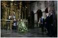 President George W. Bush and Mrs. Laura Bush joined by Ukrainian President Viktor Yushchenko and his wife, first lady Kateryna Yushchenko, listen to a musical performance by the Credo Chamber Choir Tuesday, April 1, 2008, during a tour of St. Sophia's Cathedral in Kyiv, Ukraine.