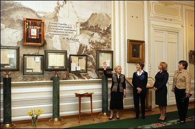 Mrs. Laura Bush, Mrs. Kateryna Yushchenko and Dr. Deborah Taylor, wife of U.S. Ambassador to Ukraine Bill Taylor, tour the Taras Shevchenko National Museum in Kyiv Tuesday, April 1, 2008. The museum honors the great Ukrainian poet, artist and thinker who died in 1861 at the age of 47 after spending 10 years in exile for his opposition to the social and national oppression of the Ukrainian people.