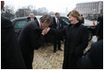 Mrs. Laura Bush is welcomed to Kyiv's Presidential Secretariat by Ukraine's President Viktor Yushchenko upon the arrival Tuesday, April 1, 2008, of she and President George W. Bush for the official ceremony welcoming them to the country.