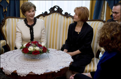 Mrs. Laura Bush and Croatia's First Lady Mrs. Milka Mesic sit for tea Friday, April 4, 2008, following the arrival of President and Mrs. Bush in Zagreb, where they will overnight before continuing on to Russia.