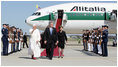 President George W. Bush walks the red carpet with Pope Benedict XVI upon the Pontiff's arrival Tuesday, April 15, 2008, at Andrews Air Force Base, Maryland. Mrs. Laura Bush and daughter Jenna also were on hand to accompany welcome the Pope.