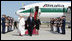 President George W. Bush walks the red carpet with Pope Benedict XVI upon the Pontiff's arrival Tuesday, April 15, 2008, at Andrews Air Force Base, Maryland. Mrs. Laura Bush and daughter Jenna also were on hand to accompany welcome the Pope.