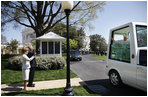 President George W. Bush and Laura Bush wave goodbye to Pope Benedict XVI as he prepares to leave the White House Wednesday, April 16, 2008 in the Pope mobile, following his official welcome to the White House.