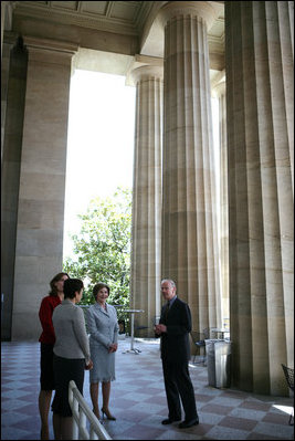 Mrs. Laura Bush is joined by Mrs. Sarah Brown, wife of the Prime Minister of the United Kingdom, and Lady Sheinwald, wife of the British Ambassador to the United States, as they participate in a tour of the Smithsonian American Art Museum's "The Honor of Your Company Is Requested: President Lincoln's Inaugural Ball" Exhibit Thursday, April 17, 2008, in Washington, D.C. Their tour is lead by Mr. Charles Robertson, Guest Curator, "The Honor of Your Company Is Requested: President Lincoln's Inaugural Ball."