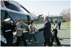 President George W. Bush and Laura Bush welcome South Korean President Lee Myung-bak and his wife, Kim Yoon-ok, Friday, April 18, 2008, to the Presidential retreat at Camp David, Md.