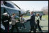 President George W. Bush and Laura Bush welcome South Korean President Lee Myung-bak and his wife, Kim Yoon-ok, Friday, April 18, 2008, to the Presidential retreat at Camp David, Md.