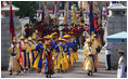 Ceremonial dancers arrive at the Blue House, the residence of President Lee Myung-bak of the Republic of Korea, for the arrival ceremonies Wednesday, Aug. 6, 2008, in Seoul for President George W. Bush and Mrs. Laura Bush.