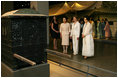 Mrs. Laura Bush is taken on a tour of the National Folk Museum of Korea by Mrs. Kim Yoon-ok, to the left of Mrs. Bush. On the August 6, 2008, visit to Seoul is Mrs. Bush's daughter, Ms. Barbara Bush, at left in black. The tour is led by Ms Yi, Ki Won, right, Deputy Director of Cultural Exchange and Education at the museum.