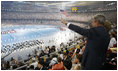 President George W. Bush and Mrs. Laura Bush acknowledge the entrance of the U.S. athletes into China's National Stadium in Beijing, Friday, Aug. 8, 2008, for the Opening Ceremonies of the 2008 Summer Olympics. The President called the event "spectacular and lots of fun."