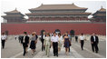 Mrs. Laura Bush and daughter Barbara Bush tour the Forbidden City Friday, Aug. 9, 2008, during their visit to Beijing. Leading the tour is Mr. Sun Jiazheng, Vice Chairman, China People's Political Consultative Congress. Mrs. Sarah Randt, spouse of Sandy Randt, U.S. Ambassador to the People's Republic of China, is second from left in hat.