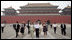 Mrs. Laura Bush and daughter Barbara Bush tour the Forbidden City Friday, Aug. 9, 2008, during their visit to Beijing. Leading the tour is Mr. Sun Jiazheng, Vice Chairman, China People's Political Consultative Congress. Mrs. Sarah Randt, spouse of Sandy Randt, U.S. Ambassador to the People's Republic of China, is second from left in hat.