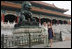 Mrs. Laura Bush and daughter Barbara Bush pause next to a Fu Dog during a visit Friday, Aug. 9, 2008, to the Forbidden City in Beijing.