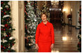 Mrs. Laura Bush stands in the East Room of the White House Wednesday, Dec. 3, 2008, as she reveals the 2008 White House holiday theme, "A Red, White and Blue Christmas" to approximately 120 members of the media during the White House Holiday Press Preview.