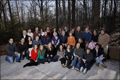 President George W. Bush and family gather at Camp David on Christmas, Thursday, Dec. 25, 2008. Seated front row, Lauren Bush, Ashley Bush, Ellie LeBlond, Gigi Koch, Elizabeth Andrews, Marshall Bush, Pace Andrews, Walker Bush. Second row, John E. Bush, George P. Bush, Barbara Bush, Pierce Bush, former President George H.W. Bush, former First Lady Barbara Bush, President George W. Bush, First Lady Laura Bush, Jenna Hager, Top row, Mandi Bush, Sam LaBlond, Neil Bush, Ally Bush, Maria Bush, Bobby Koch, Doro Koch, Margaret Bush, Marvin Bush, Columba Bush, former Gov. Jeb Bush, Henry Hager, Noelle Bush, and Robert Koch.