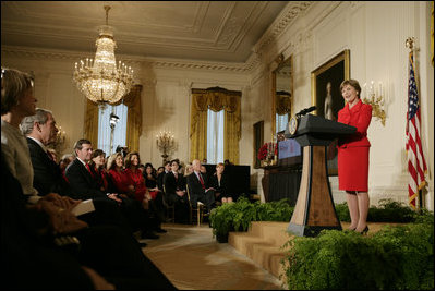 Mrs. Laura Bush addreses her remarks at The Heart Truth reception Monday, Feb. 11, 2008, in the East Room of the White House, part of a national awareness campaign that warns women of the dangers of heart disease. Mrs. Bush, joined by President George W. Bush at the reception, has served as the National Ambasasador for The Heart Truth national campaign since 2003.