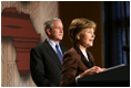 Mrs. Laura Bush addresses guests as she prepares to introduce President George W. Bush Thursday, Feb. 14, 2008 at the Smithsonian National Museum of African Art in Washington, D.C., prior to an address about their upcoming trip to Africa. Mrs. Bush outlined the many United States initiatives in cooperation with Africa nations that help improve education, reduce poverty and fight pandemic diseases.