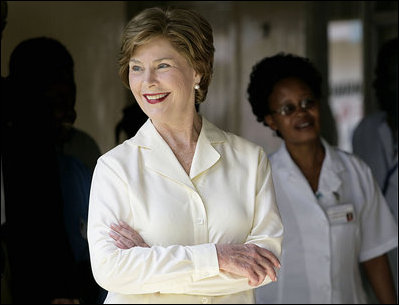 Mrs. Laura Bush smiles as she meets with patients and staff Monday, Feb. 18, 2008, doing a tour of the outpatient clinic at the Meru District Hospital in Arusha, Tanzania.