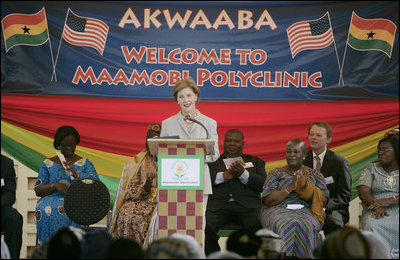 Mrs. Laura Bush thanks hospital staff, patients and invited guests for their welcome Wednesday, Feb. 20, 2008, to the Maamobi Polyclinic health facility in Accra, Ghana.