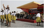 Mrs. Laura Bush attends a children's dance performance during welcome ceremonies Wednesday, Feb. 20, 2008, in honor of Mrs. Bush's visit to the Maamobi Polyclinic health facility in Accra, Ghana.